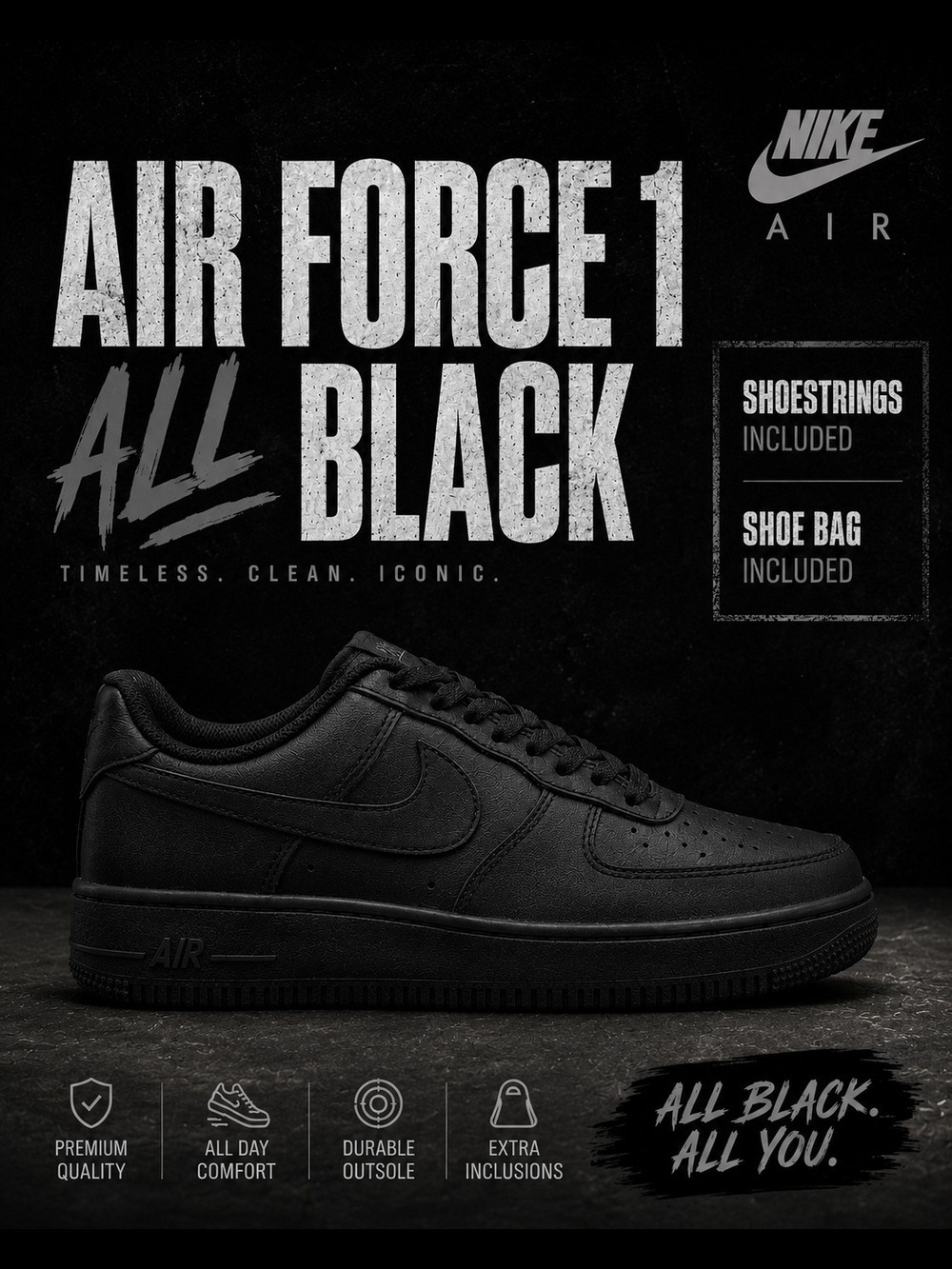 Nike Air Force 1 Low Kids Triple Black Sneakers Size 1Y
